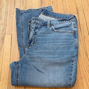 Womens Petite J Crew Mid-Rise Flare Crop Jeans with distressed holes.